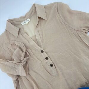 Indigo Rose Women L Tan Gauze Crinkle Henley Tunic Dress Short Tie Sleeve